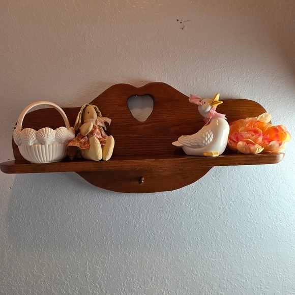 Other - Vintage Rustic Pine Wood Wall Shelf with Heart Cutout and Single Peg Brown